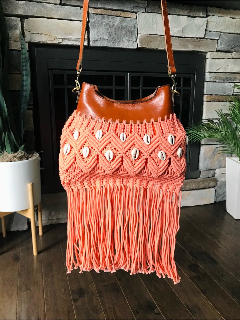 Patricia Nash Boho Fringe Macramé Crossbody – Coral/Shell – Like New – Rare